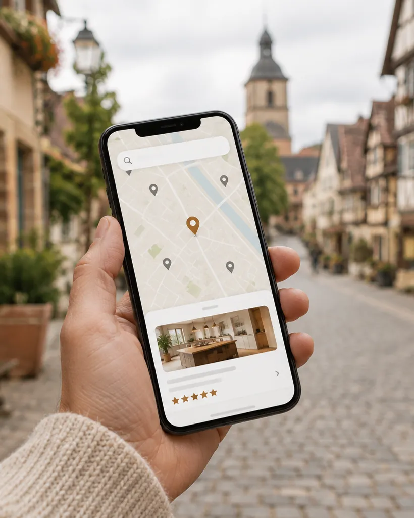 Symbolbild Local SEO: Smartphone mit Kartensuche in einer Altstadtstraße (KI-generiert)