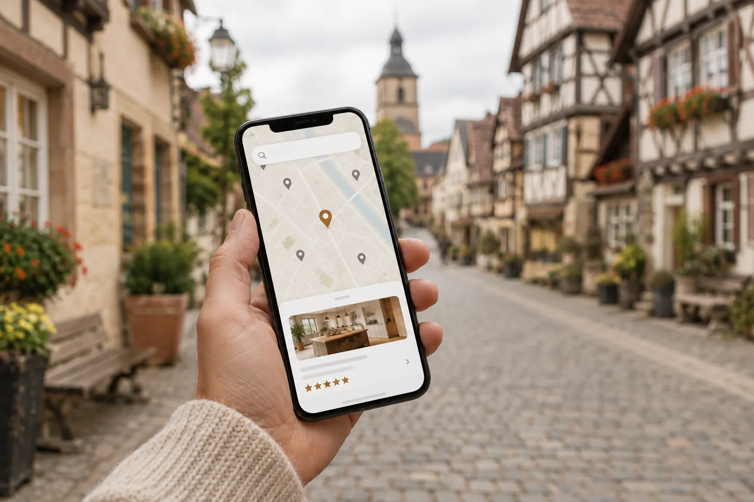 Symbolbild Local SEO: Smartphone mit Kartensuche in einer Altstadtstraße (KI-generiert)